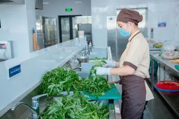 Nhân viên LG Food sơ chế rau với găng tay và khẩu trang