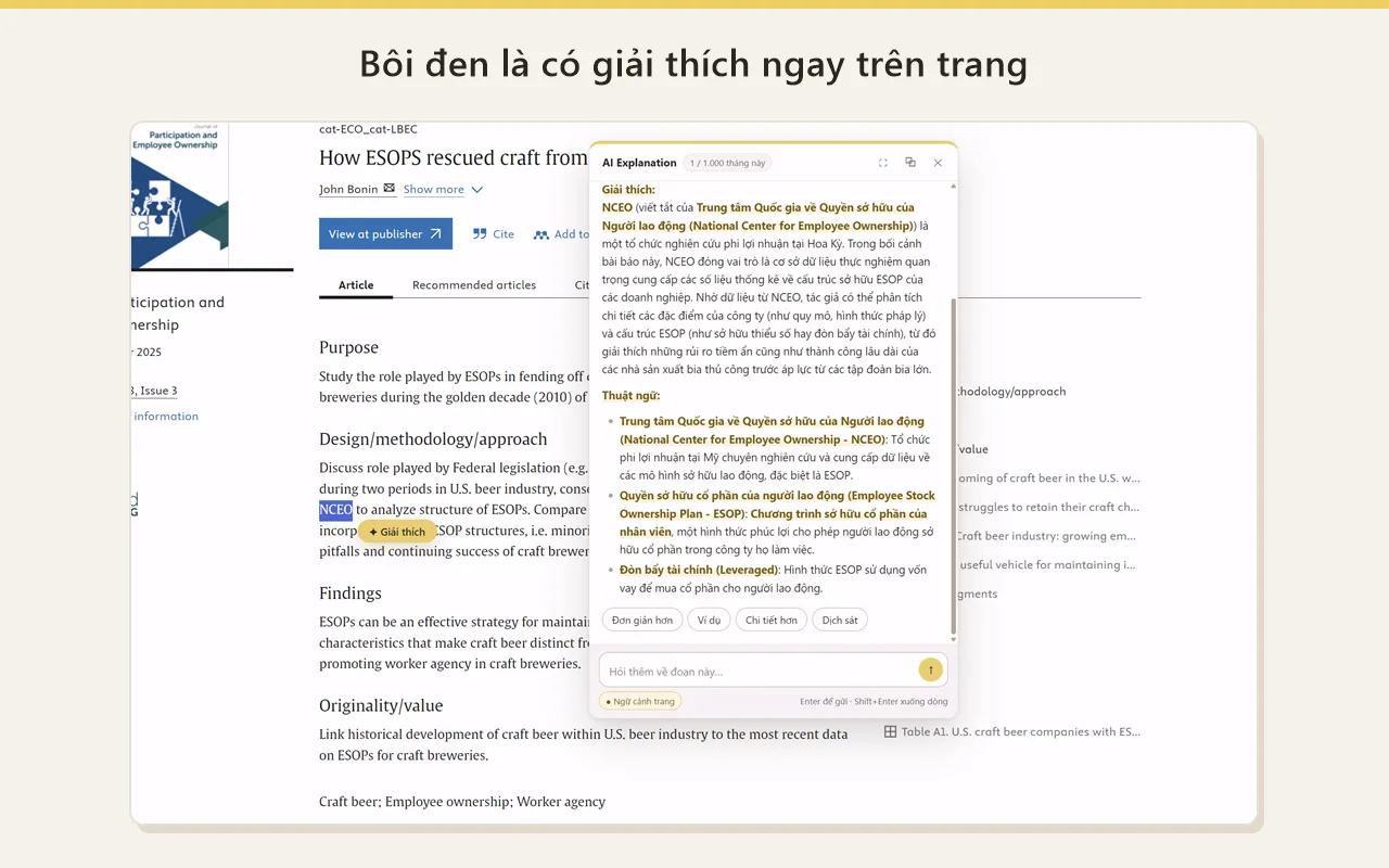 ScholarLens giải thích một đoạn trong bài báo khoa học, kèm danh sách thuật ngữ